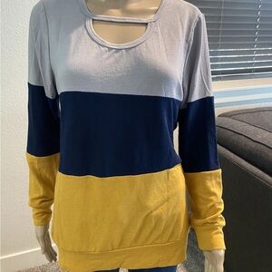 Colorblock Long Sleeve Blue Yellow Top with Cut Out